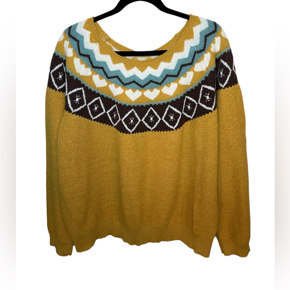 Super Soft and Cozy Mustard Striped Hearts Boatneck Sweater Womens Size XL